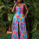 Slayr Women's Loose Fit Vacation Style All Over Printed V-Neck Pocketed Wide Leg Long Jumpsuit