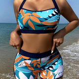 Swim Conjunto de bikini estampado de plantas de verano para vacaciones en la playa de mujeres