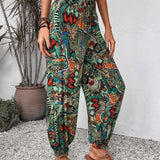 LUNE Pantalones Con Estampado Completo Para Mujer Con Dobladillo Y Cordon De Ajuste, Adecuados Para Verano, Playa Y Vacaciones