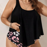 Swim Vcay Conjunto de tankini para la playa de verano de talla grande con parte superior solida de cuello redondo y Bottom de estampado floral