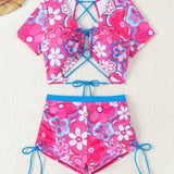 Swim Conjunto de bikini bandeau de dos piezas con estampado floral para vacaciones en la playa de verano