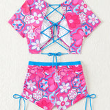 Swim Conjunto de bikini bandeau de dos piezas con estampado floral para vacaciones en la playa de verano
