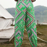 VCAY Pantalones Jogger fruncidos con estampado floral, a rayas y paisley estilo casual para mujeres