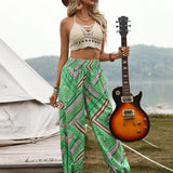 VCAY Pantalones Jogger fruncidos con estampado floral, a rayas y paisley estilo casual para mujeres