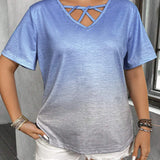 NEW  LUNE Plus Size Gradient Blue-Grey Casual T-Shirt With Collar Tie For Summer
