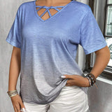 NEW  LUNE Plus Size Gradient Blue-Grey Casual T-Shirt With Collar Tie For Summer