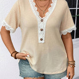 VCAY Plus Size Colorblocked Lace Panel Short Sleeve T-Shirt For Summer