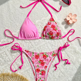 Conjunto de bikini para mujeres con estampado floral y tiras en el cuello
