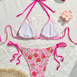 Conjunto de bikini para mujeres con estampado floral y tiras en el cuello