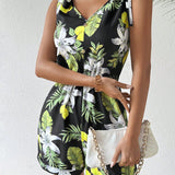 VCAY Women's Fashionable Shoulder Strap Tie Tropical Fruit Printed Jumpsuit