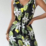 VCAY Women's Fashionable Shoulder Strap Tie Tropical Fruit Printed Jumpsuit