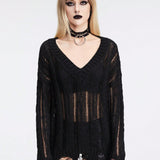 ROMWE Goth Sweater Suelto Para Mujer De Estilo Y2k, Sexy Y unicolor Con Escote En V Transparente; Y Diseno De Dobladillo Rasgado