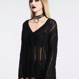 ROMWE Goth Sweater Suelto Para Mujer De Estilo Y2k, Sexy Y unicolor Con Escote En V Transparente; Y Diseno De Dobladillo Rasgado