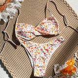 Swim Mod Conjunto De Bikini Para Mujer Con Estampado Floral, Tirantes Finos, Lazos Traseros Y Diseno Separado