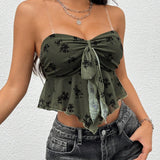 PETITE Top Sin Tirantes Del Estilo Boho De Verano Con Diseno Floral, Nudo Frontal