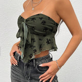 PETITE Top Sin Tirantes Del Estilo Boho De Verano Con Diseno Floral, Nudo Frontal