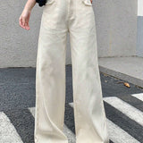 DAZY Jeans de pierna ancha de un solo color con bolsillos y borde sin rematar