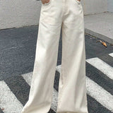 DAZY Jeans de pierna ancha de un solo color con bolsillos y borde sin rematar
