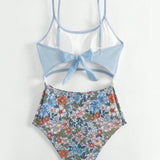 Swim Traje de bano de una pieza para mujer con corte de cintura y estampado floral para la playa en verano