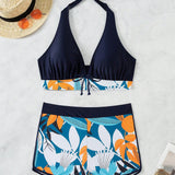 Swim Conjunto de bikini con cuello halter y estampado de plantas de empalme para la playa en verano, estampado aleatorio