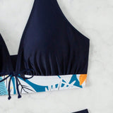 Swim Conjunto de bikini con cuello halter y estampado de plantas de empalme para la playa en verano, estampado aleatorio