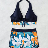 Swim Conjunto de bikini con cuello halter y estampado de plantas de empalme para la playa en verano, estampado aleatorio