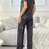 Conjunto de pijama con CamiConjuntoa de manga corta y eslogan impreso y Pantalones largos con estampado de galaxia