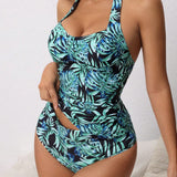 Swim Lushore Traje de bano Tankini para mujeres con diseno de plantas tropicales, atado al cuello, con tiras y perfecto para vacaciones en la playa en verano