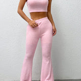 EZwear Conjunto Femenino De Top Tubo Solido Brillante Con Pantalones Acampanados Para Atuendo De Verano Informal, Rosa Loto