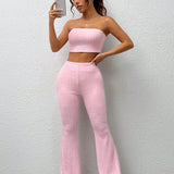 EZwear Conjunto Femenino De Top Tubo Solido Brillante Con Pantalones Acampanados Para Atuendo De Verano Informal, Rosa Loto