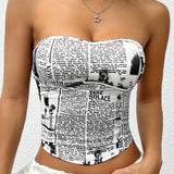 EZwear Top Sin Tirantes Con Estampado De Periodico Casual De Verano