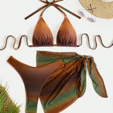 Swim Vcay Conjunto de traje de bano para mujer de talla grande con estilo de gradiente de color de moda para vacaciones, estampado aleatorio, playa de verano