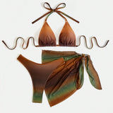 Swim Vcay Conjunto de traje de bano para mujer de talla grande con estilo de gradiente de color de moda para vacaciones, estampado aleatorio, playa de verano