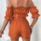 VCAY Conjunto de top y pantalon corto con volantes en un hombro para mujer, a la moda