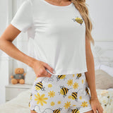 Juego De Pijama De Verano Para Mujeres, Con CamiConjuntoa De Manga Corta Y Pantalones Cortos, Todo Con Estampado De Abejas