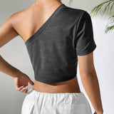 EZwear Top Corto De Verano Para Mujer Con Un Solo Hombro Y Manga Corta