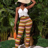 Slayr Pantalones de tejido de crochet de punto de rayas coloridas con abertura en el dobladillo para mujer, delgados y perfectos para usar en vacaciones de verano, festivales de musica, etc.