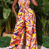 Slayr Vacation Summer Full Print Wrapped Wide Leg Tube Jumpsuit