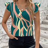 Clasi Camisa de mujer para el verano casual con cuello en V con contraste de color y borde decorativo con ribete de volantes