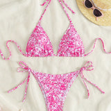 Conjunto De Bikini Para Mujeres Con Estampado Floral, Cuello Halter Y Corbata Para Vacaciones En La Playa