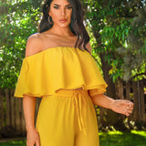SXY Set de dos piezas para mujer en chiffon amarillo para vacaciones de verano: blusa amplia sin hombros con dobladillo con volantes y pantalones cortos de pierna ancha