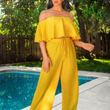 SXY Set de dos piezas para mujer en chiffon amarillo para vacaciones de verano: blusa amplia sin hombros con dobladillo con volantes y pantalones cortos de pierna ancha