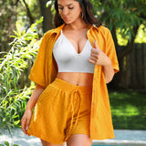 SXY Conjunto de dos piezas para mujeres de verano que incluye camiseta suelta con mangas cortas y pantalones cortos flojos tejidos en jacquard y camisola tejida en punto color blanco amarillo