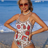 Swim Vcay Traje de bano de una sola pieza sexy con tirantes para mujer con estampado floral al estilo de un resort de playa en verano