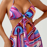 Swim Traje de bano tankini para mujer con estampado completo y espalda descubierta con cuello halter y lazo para la playa de verano