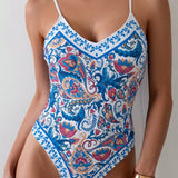 Swim Traje de bano de una pieza para mujer con estampado de paisley y con cuello halter para playa de verano