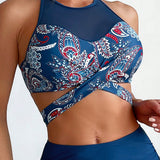 Swim Conjunto de tankini con correa cruzada y estampado de cachemira para mujeres de vacaciones en la playa