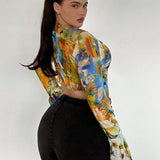 SXY Women's Plus Size Spring/Fall Tie-Dye Twist Front Bell Sleeve Asymmetrical Hem Top