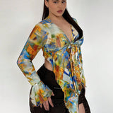 SXY Women's Plus Size Spring/Fall Tie-Dye Twist Front Bell Sleeve Asymmetrical Hem Top