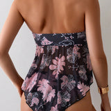 Swim Lushore Conjunto de tankini bandeau para mujer con impresion floral completa, dobladillo asimetrico y fruncido, ideal para playa de verano